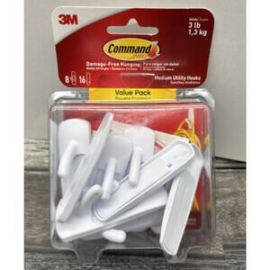 3M Command Medium Utility Hooks Value Pack 8 Hooks, 16 Adhesive Strips {PP}